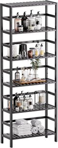 HITNET Bamboo Bookshelf, 6-Tier Tall Open Bookcase with Adjustable Shelves, Floor Standing Storage Shelf Unit for Living Room Bathroom Home Office, Black