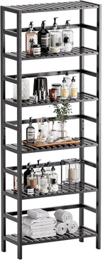 HITNET Bamboo Bookshelf, 6-Tier Tall Open Bookcase with Adjustable Shelves, Floor Standing Storage Shelf Unit for Living Room Bathroom Home Office, Black