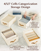 Clothes Organizers and Storage - 4/5/7 Grids Fabric Jeans Organizer with Handles, Foldable Closet Organizers Dividers, Wardrobe organizer for Pant, Sweater, T-shirt, Scarf, 3 Pack, Beige