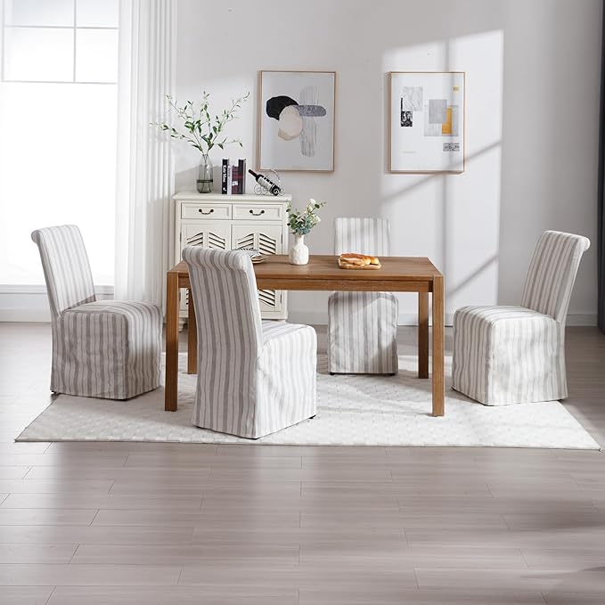 Parsons Dining Chairs Set of 4 Fabric Upholstered Kitchen Chairs with Wood Legs Armless High Back Side Chairs with Removable Skirtd Cover for Dining/Living Room,Banquet, Khaki