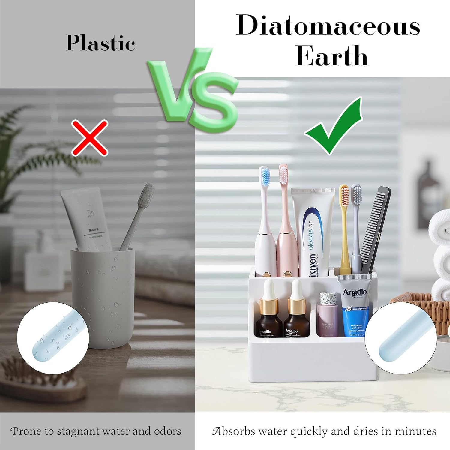 Luxspire Toothbrush Holder, Fast Drying Toothbrush Holders for Bathroom, Diatomaceous Earth Electric Tooth Brush Organizer Toothpaste Holder for Countertop Dresser, Light Gray
