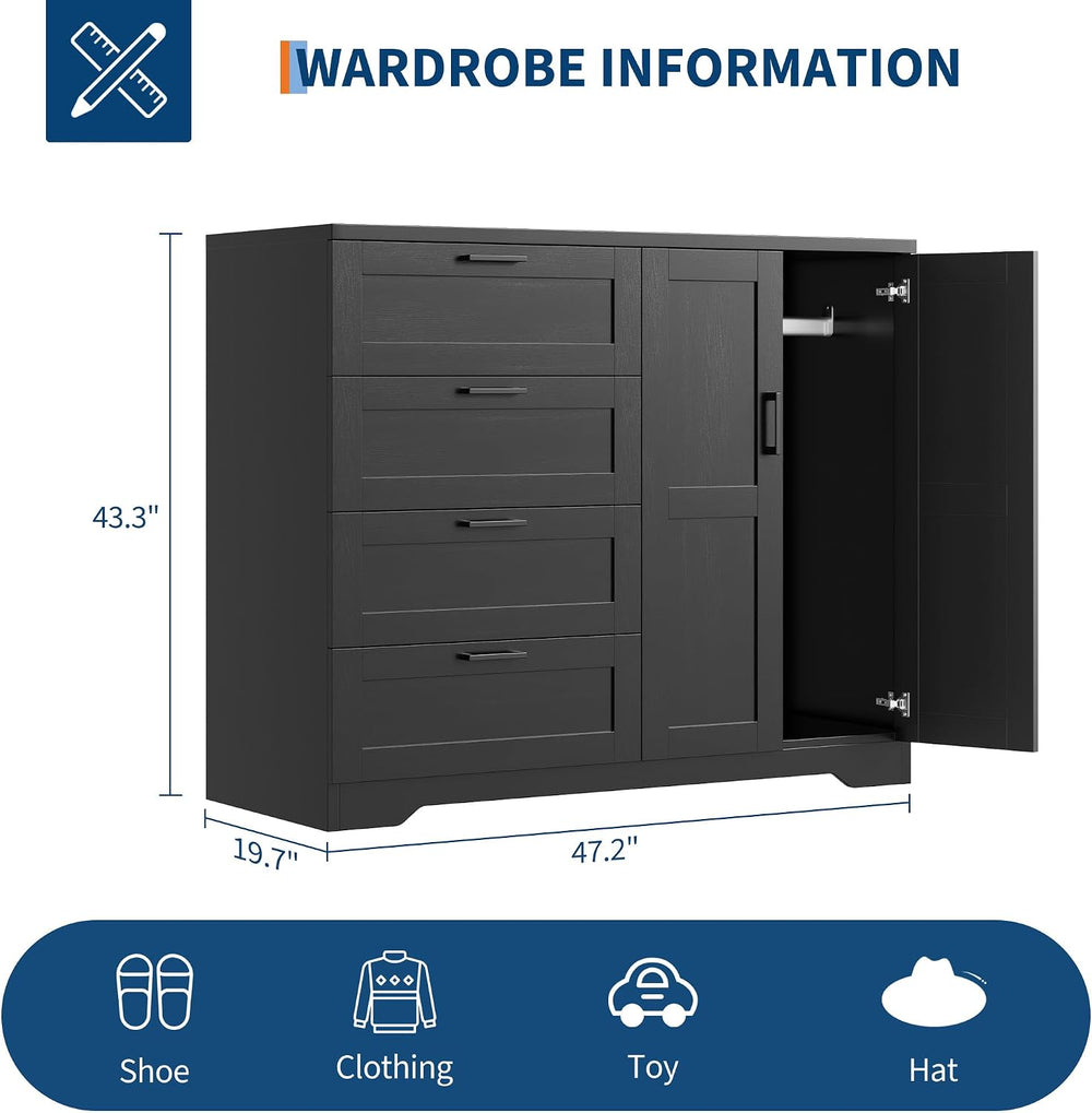 IDEALHOUSE 43.3'' H Armoire Wardrobe Closet with 4 Drawers, Wooden Dr...