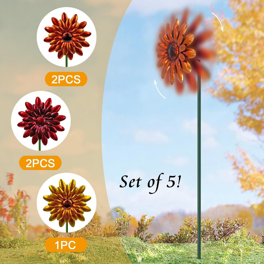 5 Pack Metal Autumn Mums Wind Spinner Garden Stake,Outdoor Fall Decorations