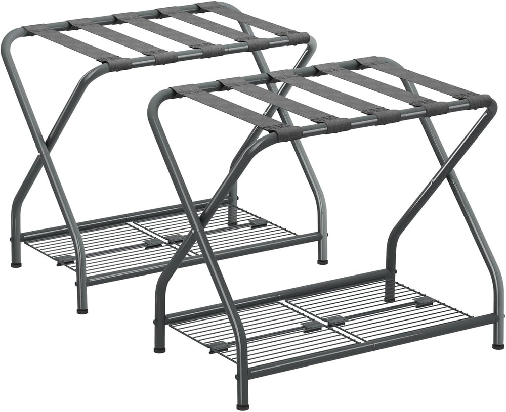 Set of 2 Foldable Gray Luggage Rack Stands with Storage Shelves – Heavy Duty ...