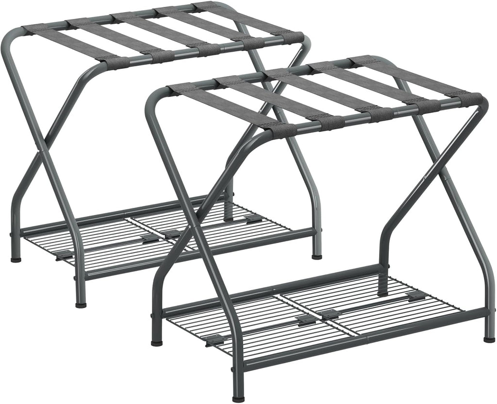 Set of 2 Foldable Gray Luggage Rack Stands with Storage Shelves – Heavy Duty Metal Suitcase Holders, 150 lbs Top, 50 lbs Bottom Each, Fits 20”-28” Luggage – Guest Room, Bedroom, Hotel LR-GY-2