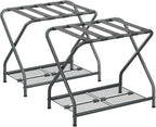 Set of 2 Foldable Gray Luggage Rack Stands with Storage Shelves – Heavy Duty Metal Suitcase Holders, 150 lbs Top, 50 lbs Bottom Each, Fits 20”-28” Luggage – Guest Room, Bedroom, Hotel LR-GY-2