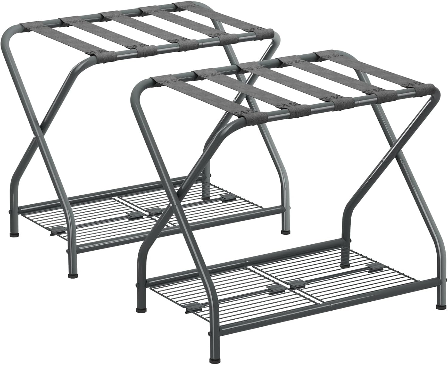 Set of 2 Foldable Gray Luggage Rack Stands with Storage Shelves – Heavy Duty Metal Suitcase Holders, 150 lbs Top, 50 lbs Bottom Each, Fits 20”-28” Luggage – Guest Room, Bedroom, Hotel LR-GY-2