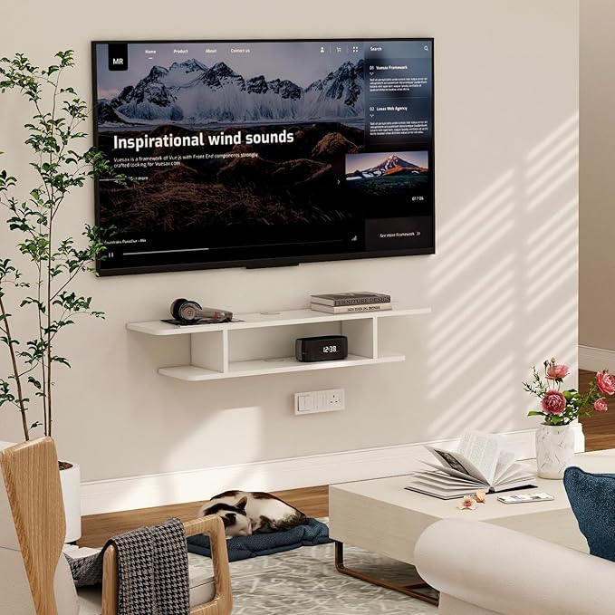 GHC Floating TV Stand, Wall Mounted Entertainment Center and Cabinet Shelf, TV Console with Storage, Media Console for DVD Player, Space-Saving Under TV Shelf for Bedroom, Living Room (White)