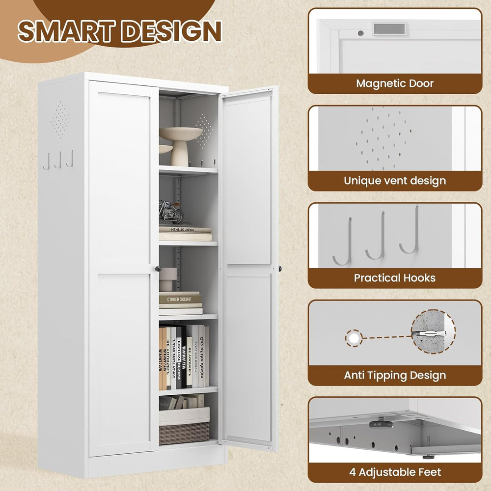 Metal Pantry Cabinet, 61" Kitchen Pantry Cabinet with 2 Doors and 4 Adju...