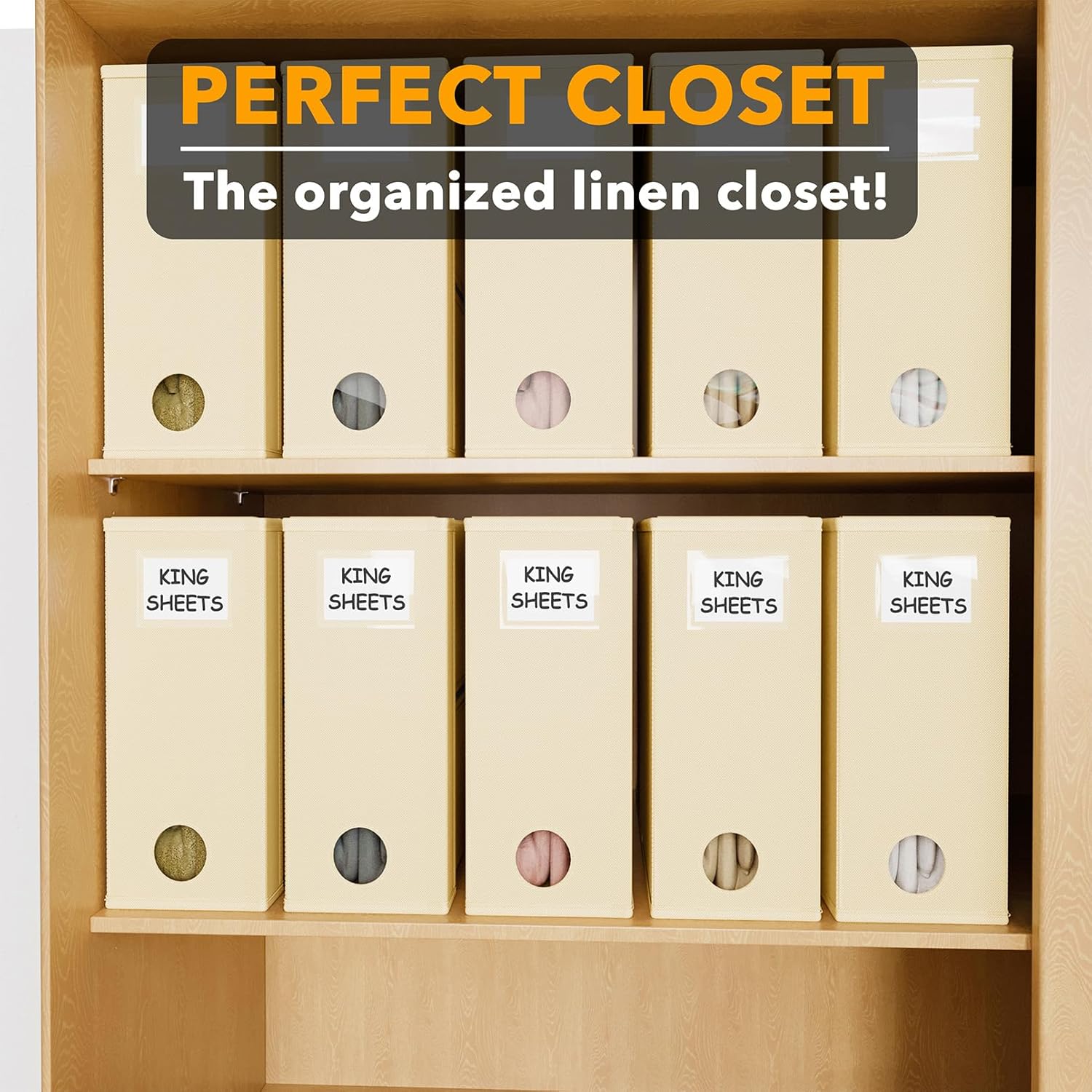 SpaceAid 10 Pack Bed Sheet Organizers and Storage, Foldable Sheet Organizer for Linen Closet, Sheets Set Folder Keeper with Window XL (Queen & King Size) Organizing Bedding Container, Beige