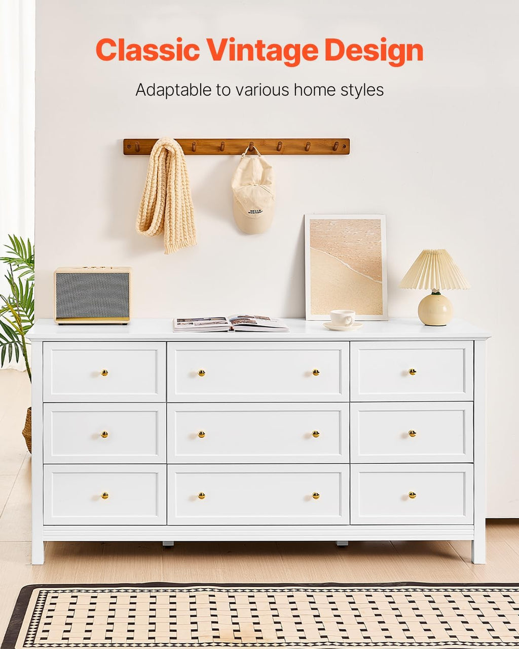 VEVOR 9 Drawer Dresser, Wooden Chest of Drawers with Sliding and Anti-tip Device, Retro Minimalist Dresser Chest, Closet Storage TV Stand Organizer for Living Room, Hallway, Bedroom, Entryway, White