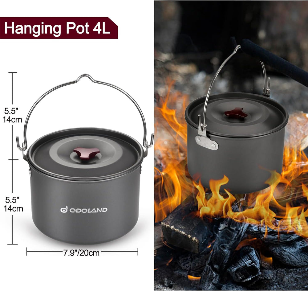 Odoland 22pcs Camping Cookware Mess Kit, Large Size Hanging Pot Pan Kettle wi...