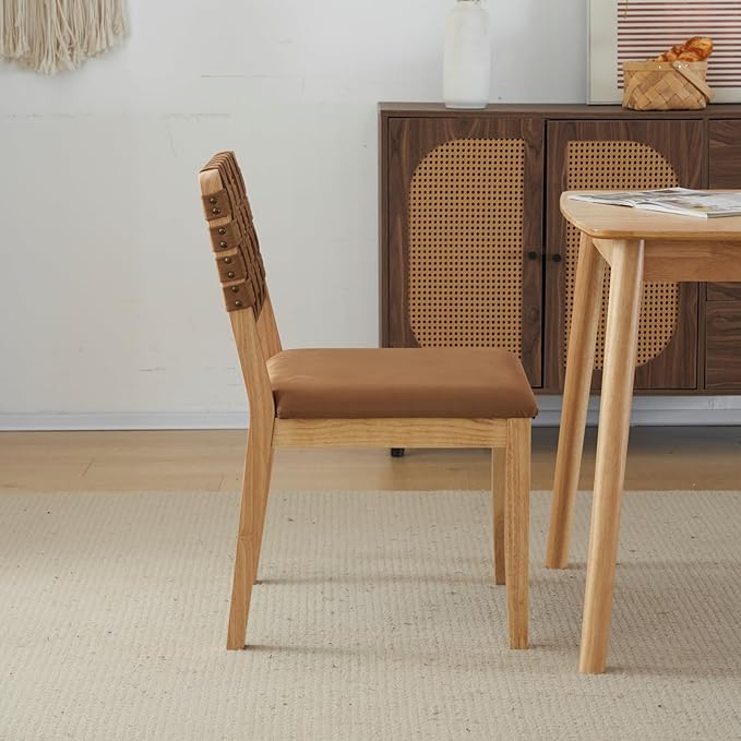 VINGLI Brown Woven Wooden Dining Chairs Set of 4,Armless Mid Century Modern Desk Chairs with Rivet&Foot Pegs,Upholstered Farmhouse Comfy Chair No Wheels for Dining Room,Living Room,Kitchen,Oak,Suede