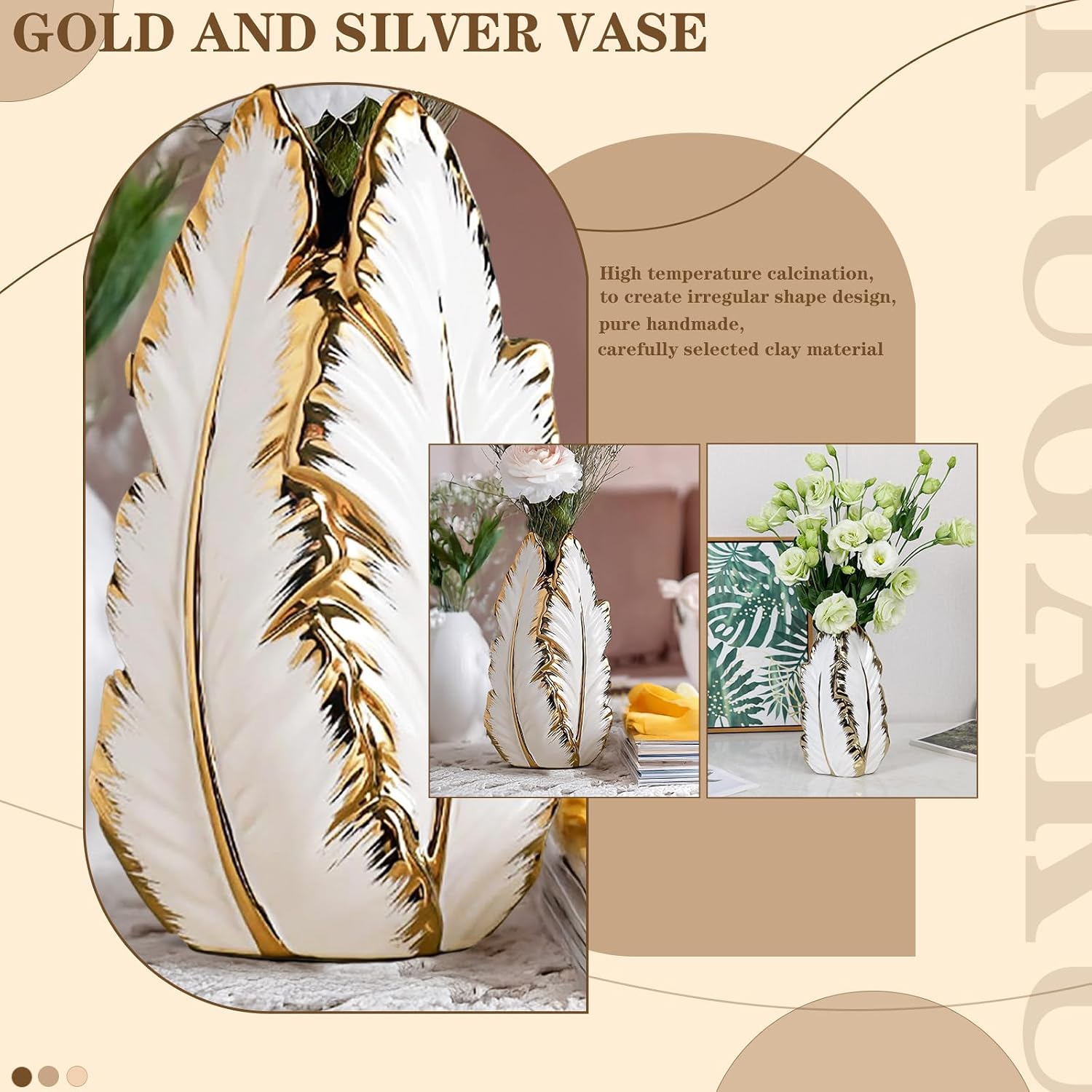 White and Gold Ceramic Vase for Home Decor Modern Decorative Vase 10.7in | Modern pampas grass vase for white and gold home decor perfect centerpiece for living room entryway bedroom and office table