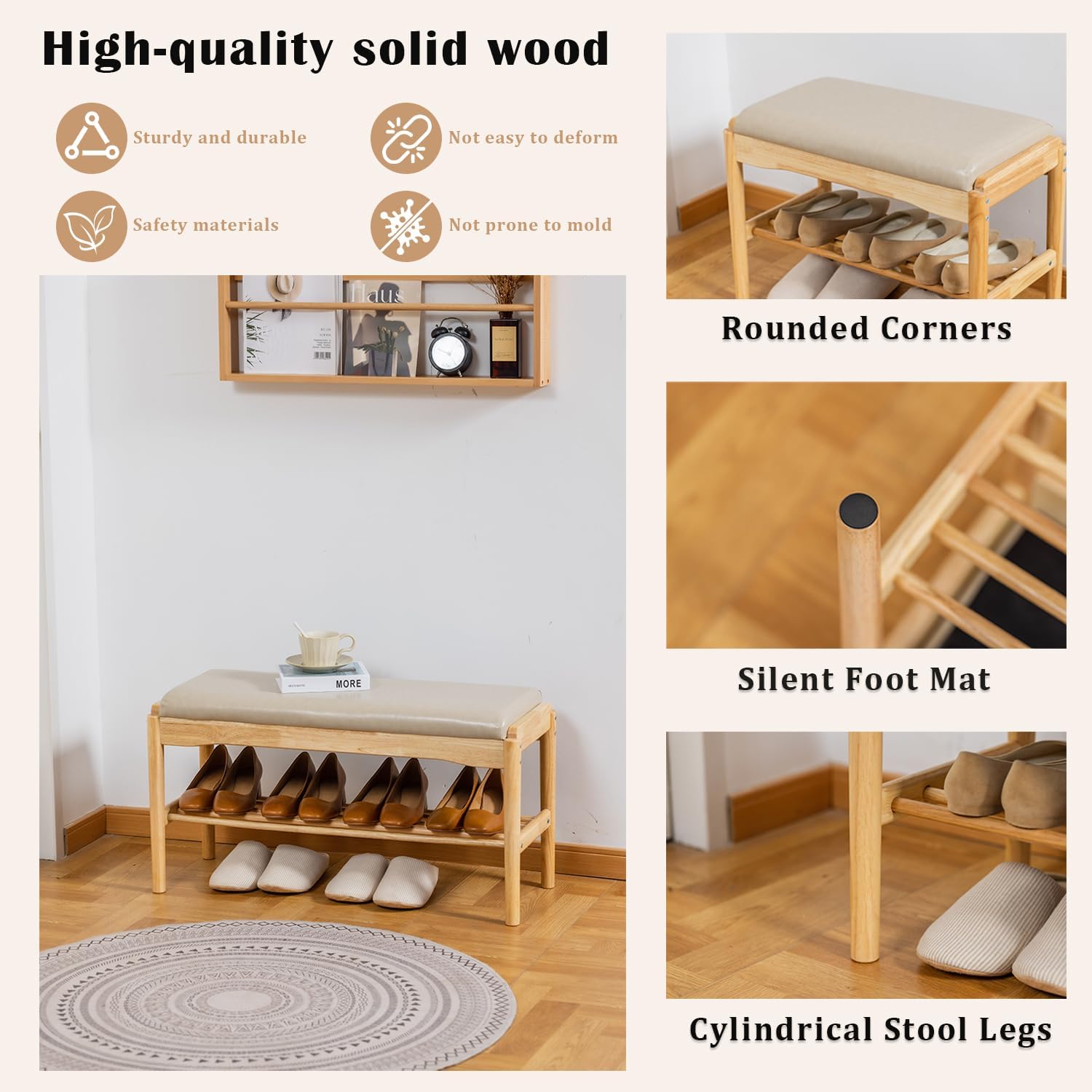 SOBIBO 2-Tier Entryway Shoe Rack Bench, Rubber Wood, Beige & Natural, 31.5" | 8–12 Pairs Capacity, Double-layer Storage, High-density Sponge Cushion, Ideal for Entryway, Hallway, Bedroom