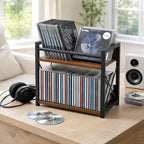 CroBlissful 2-tier CD Holder CD Storage Rack for Display Countertop Media Organizer with Display Top Shelf for Home Office Living Room Kitchen, Music Enthusiasts, Holds up to 57 Standard Cases