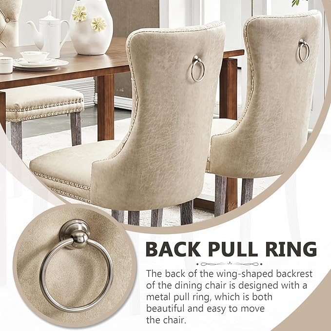 Kiztir Leather Dining Chairs Set of 2, Upholstered Dining Chair with Nailhead Trim and Solid Wood Legs, Luxury Wingback Dining Side Chair for Living Room, Bedroom, Kitchen (Beige)