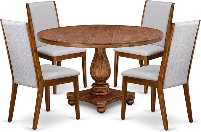 I2LA5-50N-05 - 5-Piece Mid Century Dining Set Includes A Table and 4 Grey Polyester Fabric Mid Century Dining Chairs with High Back, Antique Walnut