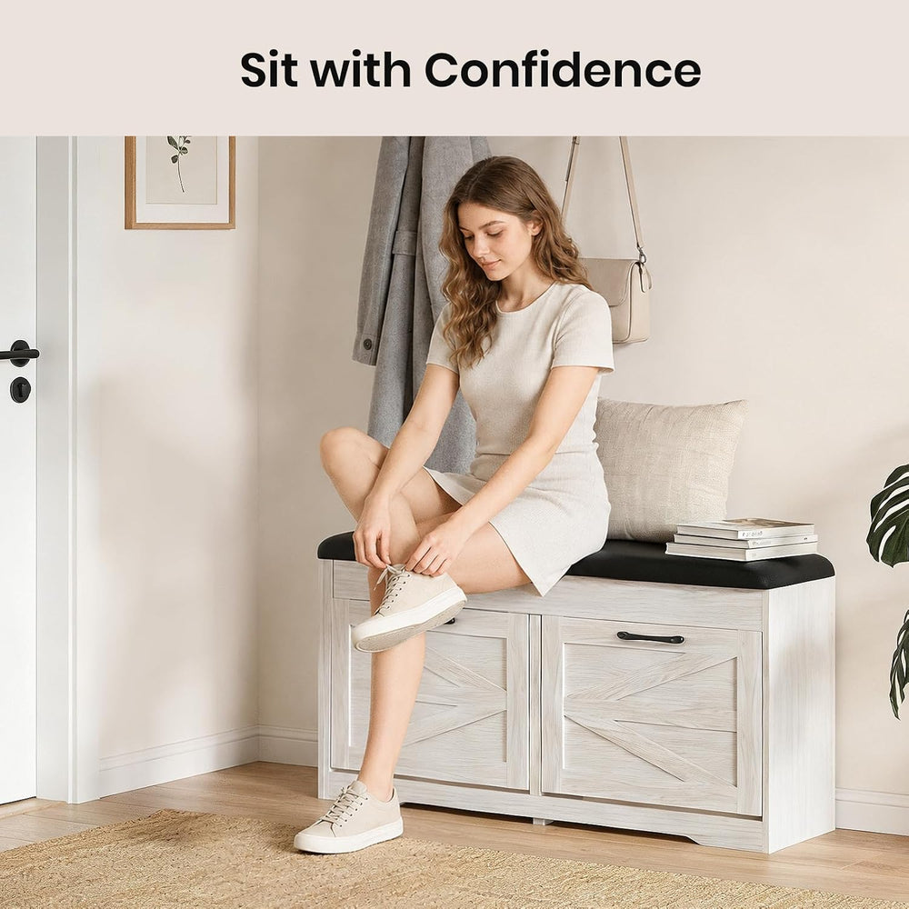 39" Shoe Storage Bench with Seat Cushion, Wood, Ash White | 8-Pair Shoe ...