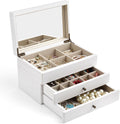 Meangood Jewelry Box Organizer for Women, 3 Layer Large Jewelry Storage Case, Rustic Wooden Jewelry Box with Mirror & Ring Tray for Necklace Earring Bracelets Rings, Vintage Style (White)