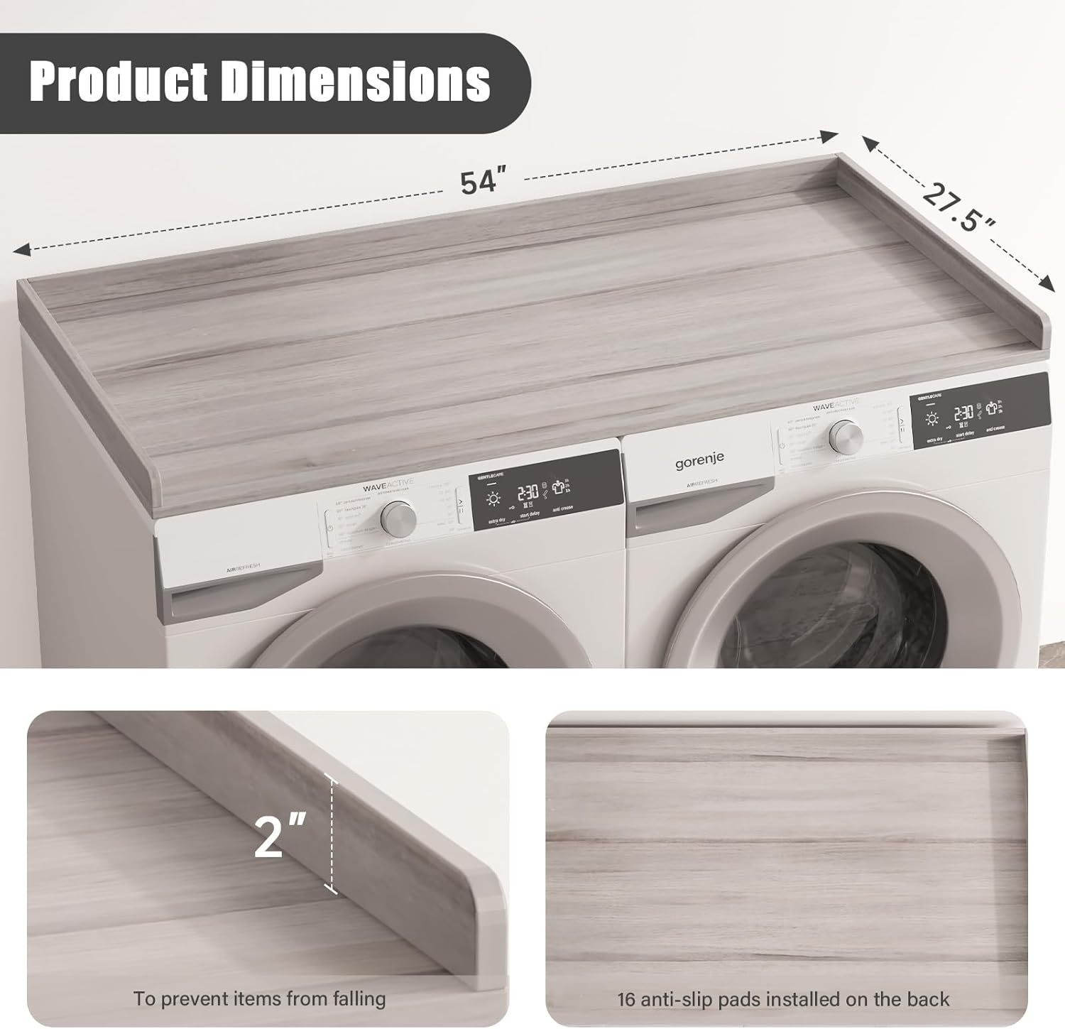 Washer Dryer Countertop, Laundry Countertop with Edge Rails - 27.5" x 54" Melamine Finish for Laundry Room Organization (Oak)