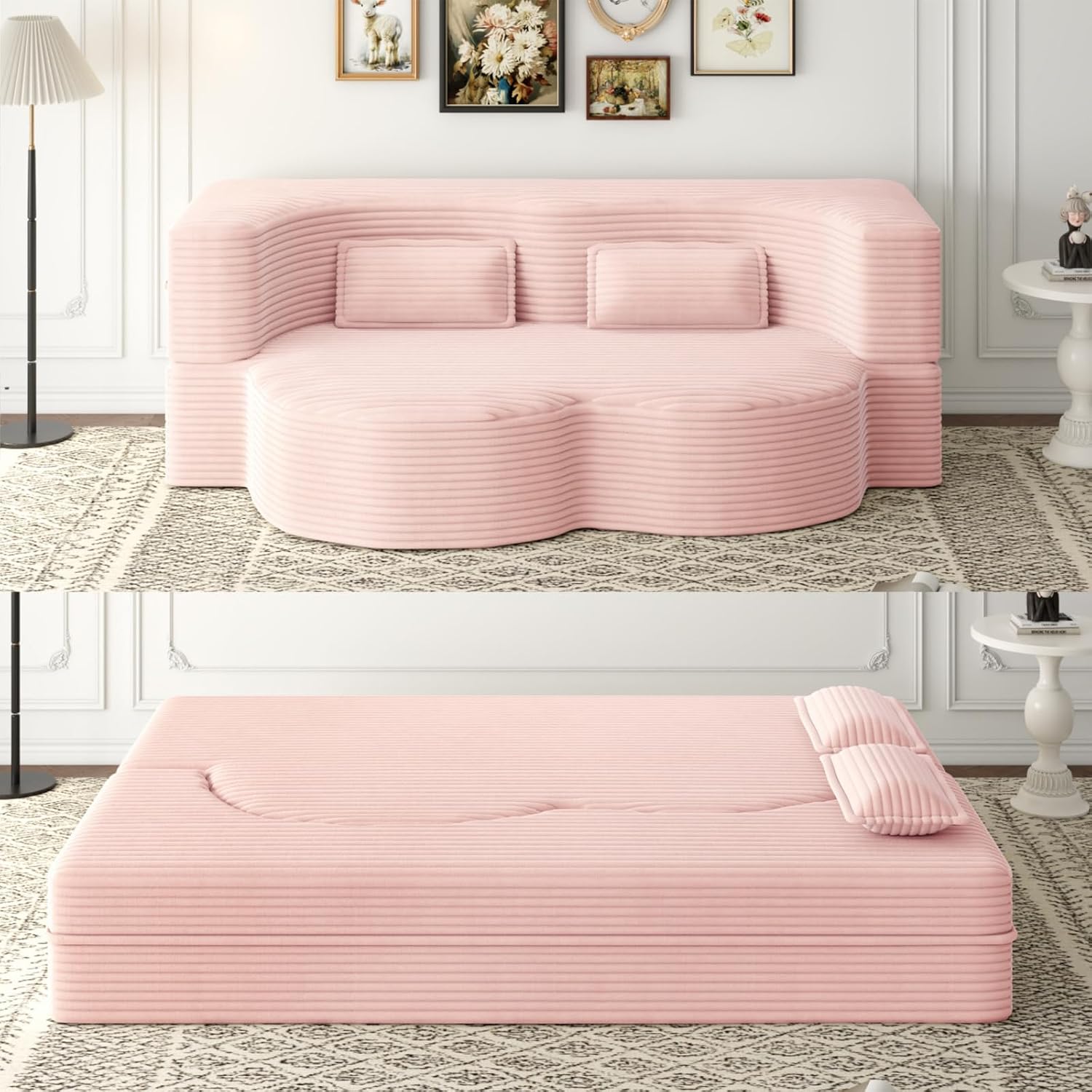 2 in 1 Convertible Folding Sofa Bed, Plush Corduroy Lazy Lounge Sofabed, Foam Folding Floor Sofa Bed, 78" Full Size Memory Foam Couch for Living Room Guestroom, No Assembly Sofabed (Baby Pink)