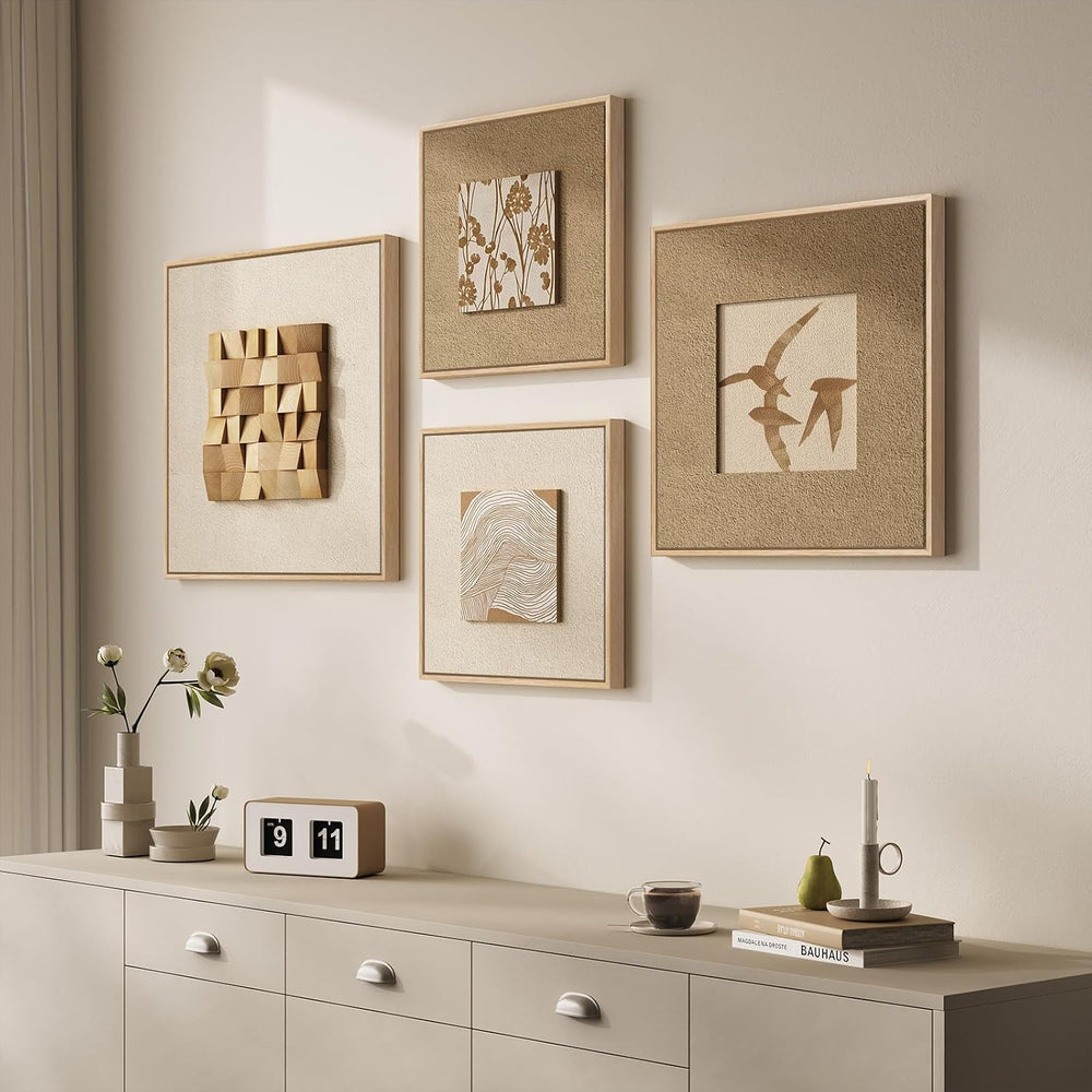 Large Framed 3D Textured Wood Wall Art 4 for Living Room, Neutral Set of 4