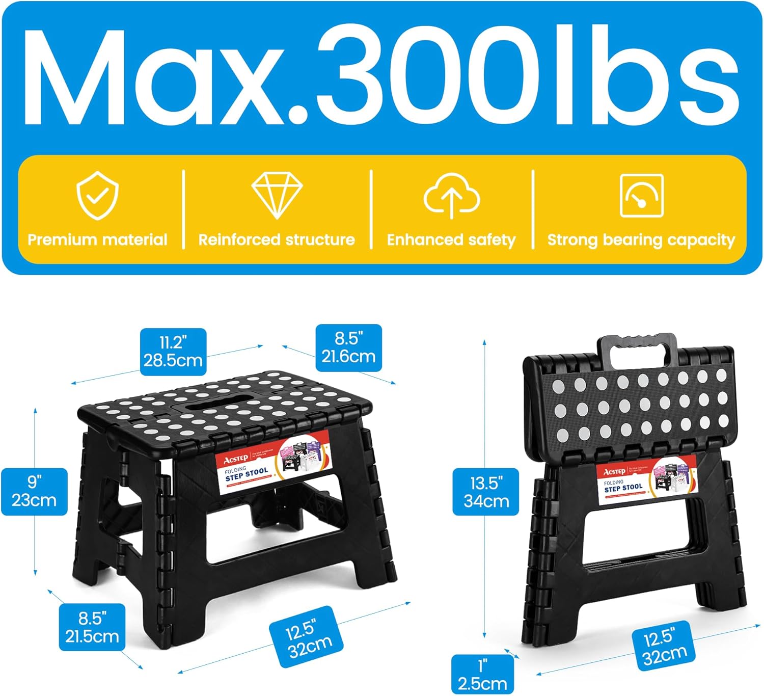 ACSTEP 9 Inch Wide and 9 Inch Folding Step Stool 2-Piece Set, 300 LB Capacity Plastic Foldable Stools with Handle, Non-Slip Step Stool, Home Use (Black & Black)