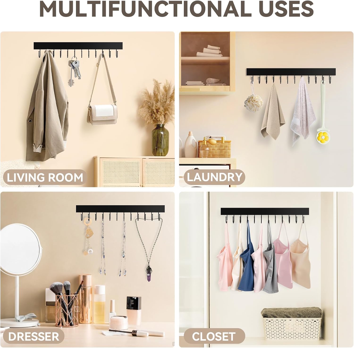 Belt Hanger Wall Mount, Wooden Closet Belt Organizer with 24 Metal Hooks, Large Capacity, Black, 2 Pcs