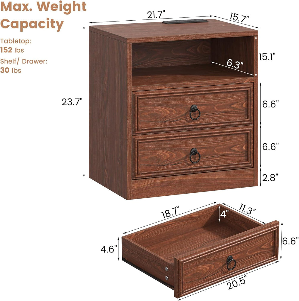 VVFLU Farmhouse Nightstand with Charging Station, 21.7" Wide End Table w...