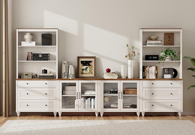WAMPAT Entertainment Center with Bookshelves with Glass Doors & Drawer, Farmhouse Wall Unit TV Stand for TVs up to 75", Media Console Table for Living Room, Bedroom & Home Theater, White