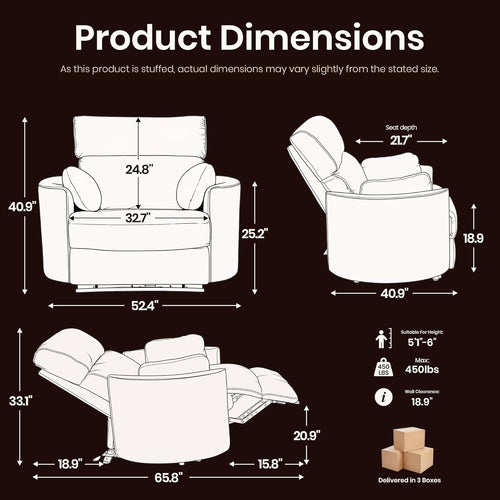 450lbs Oversized Power Recliner Chair, 52" Extra Wide Electric Chair for Big and Tall Adults, Chenille Fabric Single Sofa with USB & Type-C Ports, 2 Pillows, Cloud Comfort for Living Room