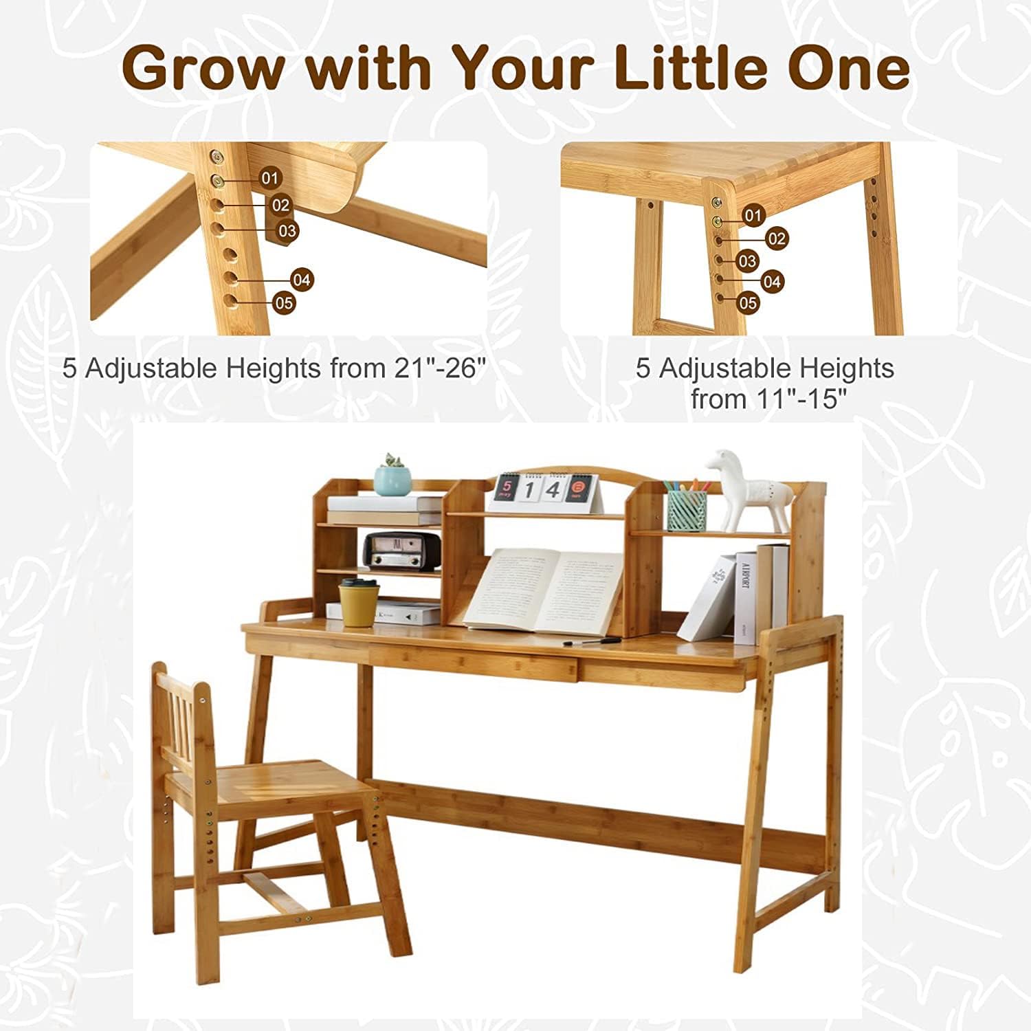 Kids Desk and Chair Set, Height Adjustable Bamboo Study Desk with Storage Hutch and Bookshelf, Wooden Writing Table for Toddlers and Kids, Easy-Clean Surface, Natural (02)
