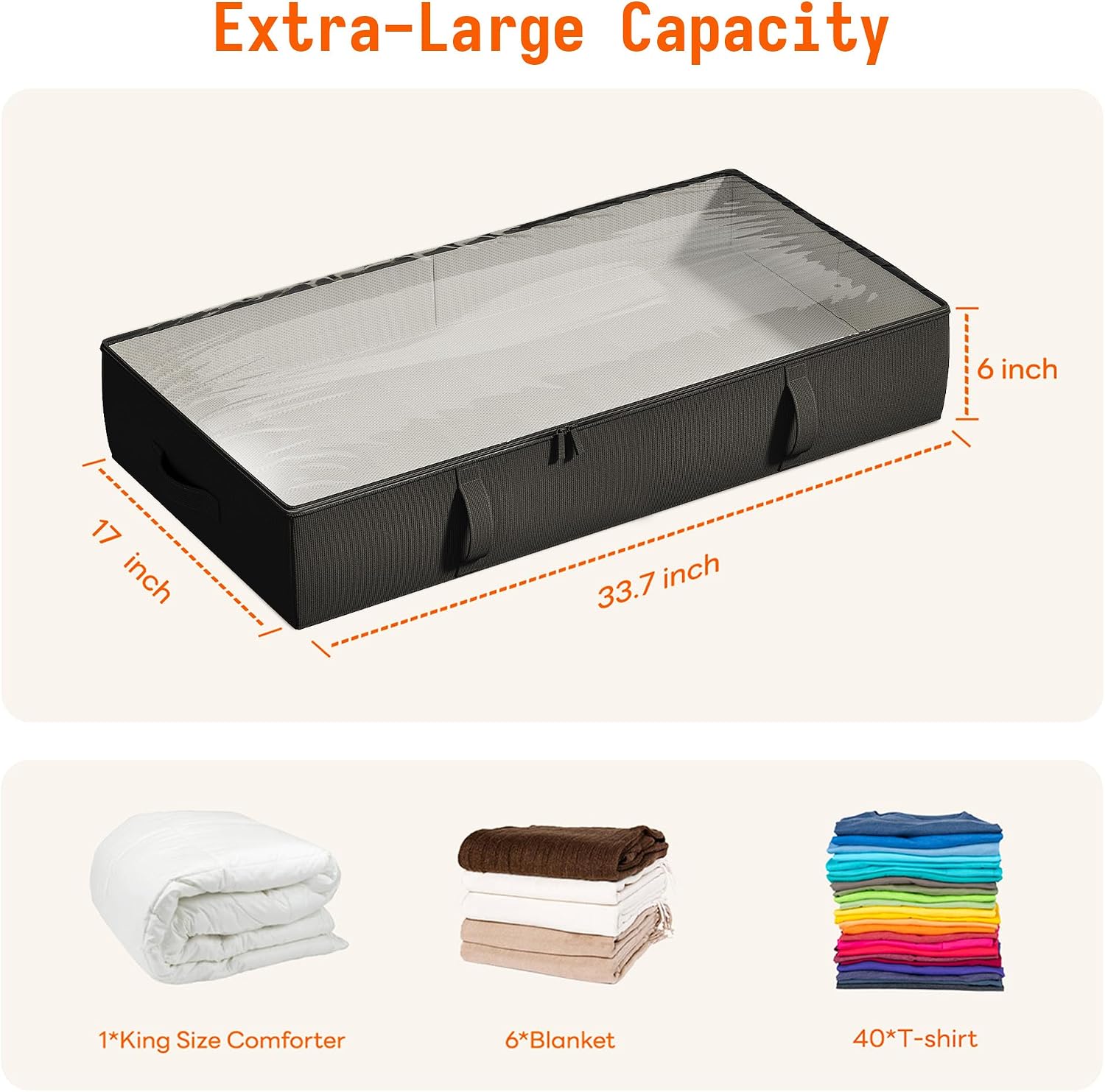 Side-Supported Under Bed Storage Containers, 6 Inch 60L Clothes Storage Bin | Underbed Storage Bin with Sturdy Handles and Sidewalls, Closet Organizer for Clothes, Blankets, Seasonal Items, Black, 2 Pack