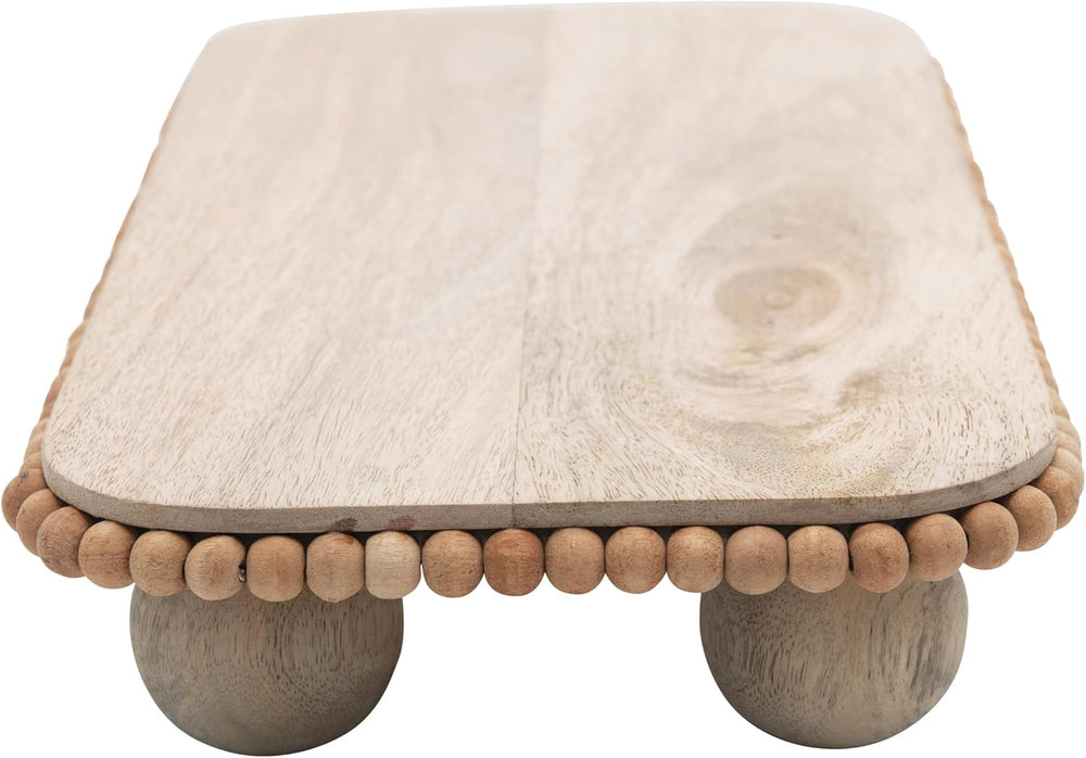 Mango Wood Pedestal with Wood Beads; Modern Footed Serving Tray/Decorative Wo...