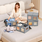 Large Closet Storage Bins - Collapsible Divided Clothes Organizer with Lids & Dual Window, Fabric Organizing Bins for Clothes, Sweater, Toys, Bedroom, Office (Grey, 2 Pack)
