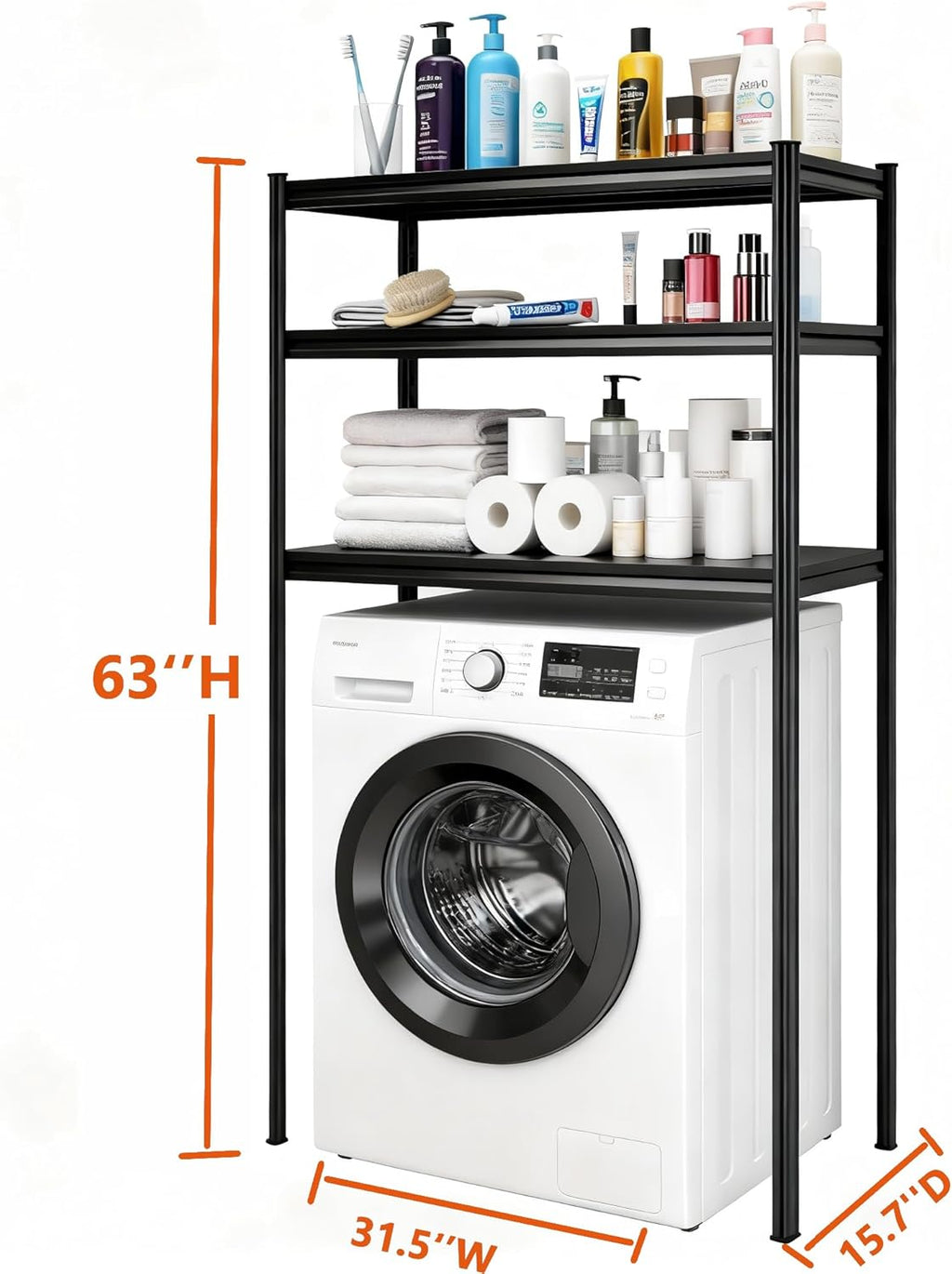 Height-Adjustable Bathroom & Laundry Storage Shelf, 3-Tier Metal Organizer Rack for Washer Dryer, Sturdy Shelving Unit for Bathroom Essentials, 63 x 31.5 x 15.7 Inches