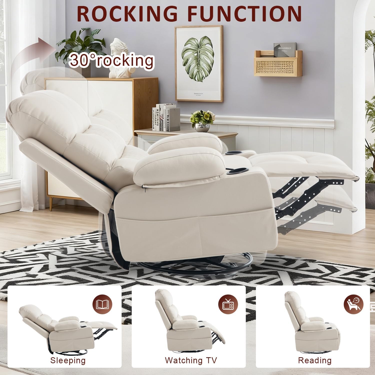 KCQ Power Swivel Rocker Recliner with Massage and Heat USB Port, Overstuffed Faux Leather Electric Rocking Recliner Chair Swivel Glider Chairs for Nursery, Cream Beige