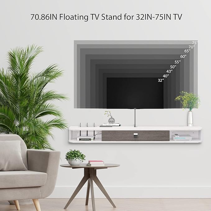 Floating TV Unit, 71'' Wall Mounted TV Cabinet, Floating Shelves with Door, Modern Entertainment Media Console Center Large Storage TV Bench for Living Room & Office (70.86IN, Grayish White)