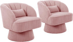 Modern 360° Swivel Barrel Accent Chair, Velvet Upholstered Armchair with Striped Backrest & Plush Cushion, Comfy Round Lounge Chair for Living Room Bedroom, Pink