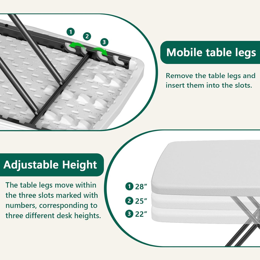 30 Inch Folding Table, Adjustable Height TV Tray for Small Spaces, Heavy Duty Foldable Utility Table for Laptop, Dining, Camping, No Assembly, 200 lbs Capacity, White Granite