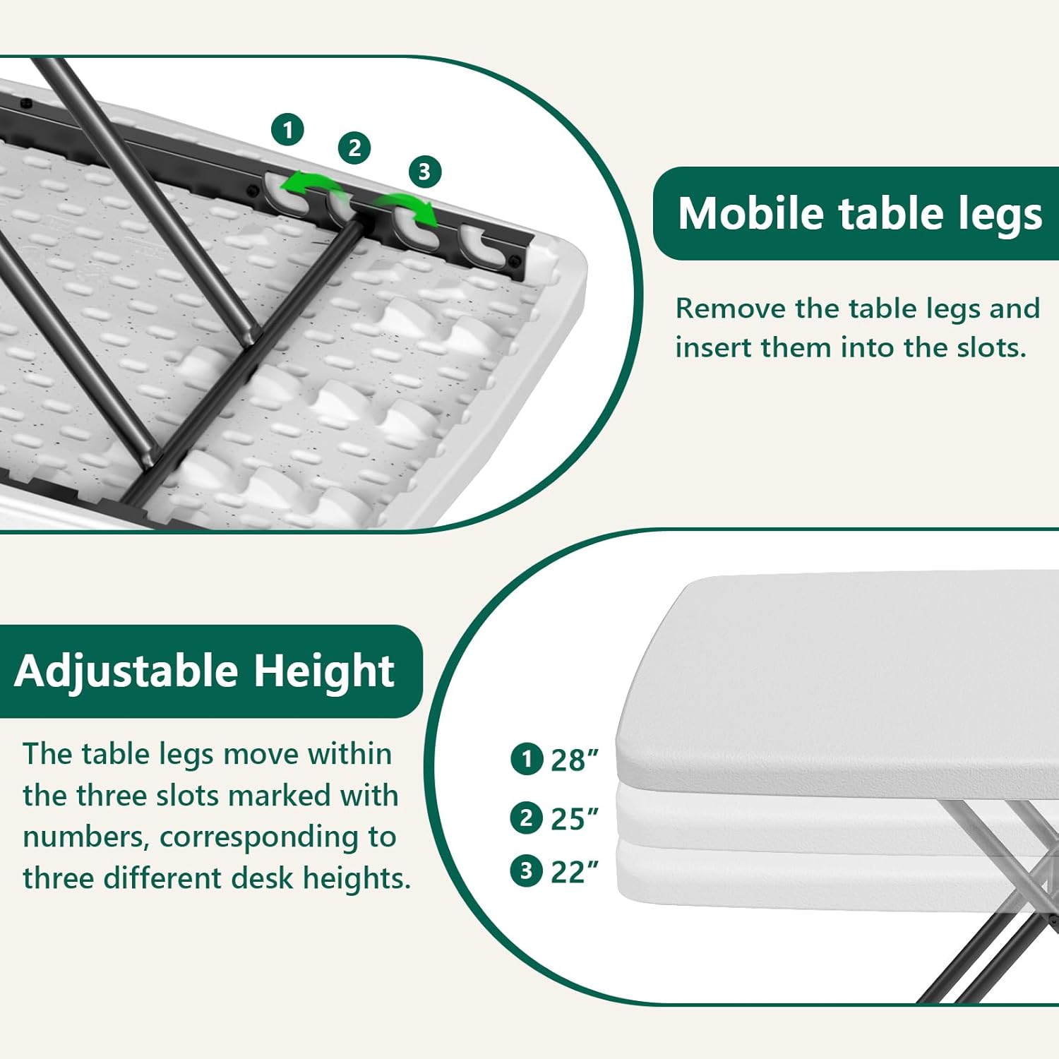 30 Inch Folding Table, Adjustable Height TV Tray for Small Spaces, Heavy Duty Foldable Utility Table for Laptop, Dining, Camping, No Assembly, 200 lbs Capacity, White Granite