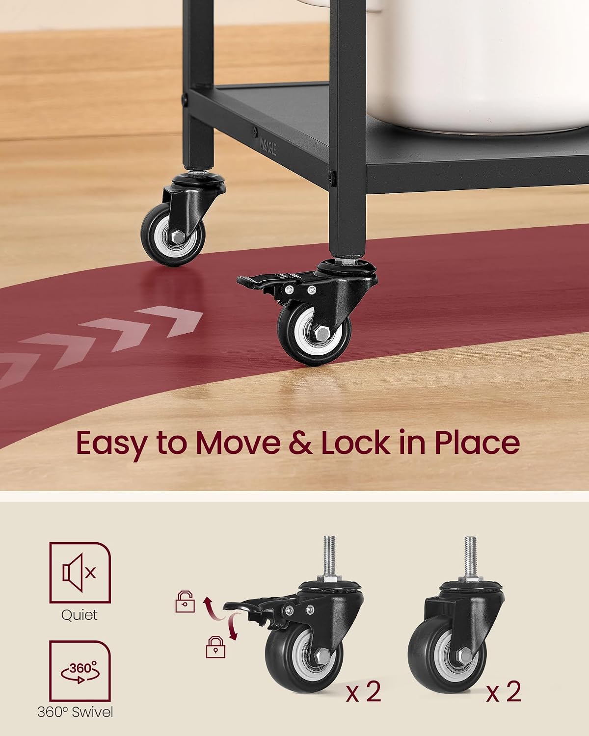 VASAGLE Kitchen Rolling Island, Mobile Kitchen Cart with Storage on Wheels, 17.7 x 38.8 x 35.4 Inches, Towel Rack, 2 Drawers, 2 Hooks, for Dining Room, Rustic Brown and Ink Black UKKI010KD01
