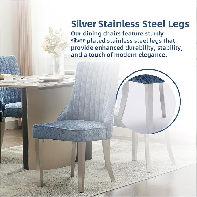Dining Chairs Set of 2，Modern Channel Tufted Upholstered Dining Chairs with Silver Stainless Steel Legs, Comfortable Chenille Fabric Kitchen Chairs for Dining Room (Blue, 2pc)