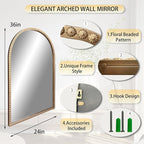 Gold Arched Mirror, 24"x36" Arch Vanity Mirrors for Bathroom, Metal Beaded Frame Decorative Accent Mirror, Ornate Vintage Mirrors for Fireplace Bedroom Living Room Hallway Entryway