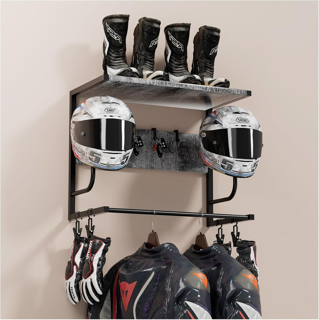 Motorcycle Helmet Holder Wall Mounted, Helmet Holder Wall Mount with Helmet Rack, Motorcycle Helmet Rack for Most of Helmet and Clothes