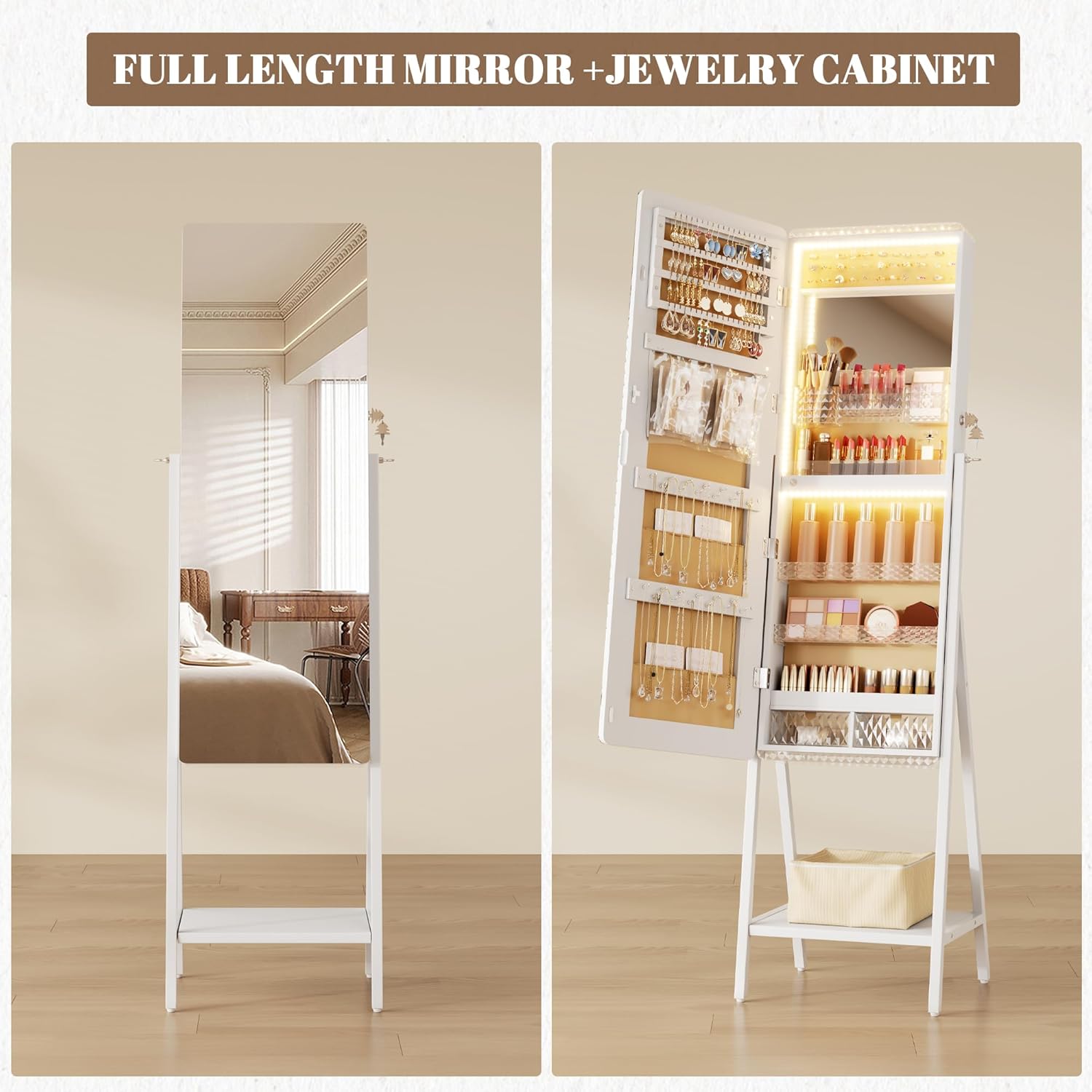 LVSOMT Jewelry Armoire Cabinet Standing, Full Length Mirror with Storage | Space-saving Mirror with Jewelry Storage, Built-in LED Makeup Mirror, Jewelry Organizer Cabinet for Women, White