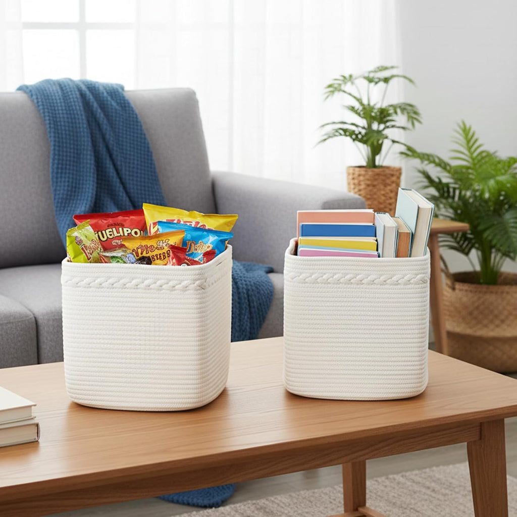 13 Inch Cube Storage Baskets, 3-Pack Woven Fabric Organizer Bins, 13"x13" Square Baskets for Cube Storage for Shelves, Baby Nursery, Closet Organizer, White