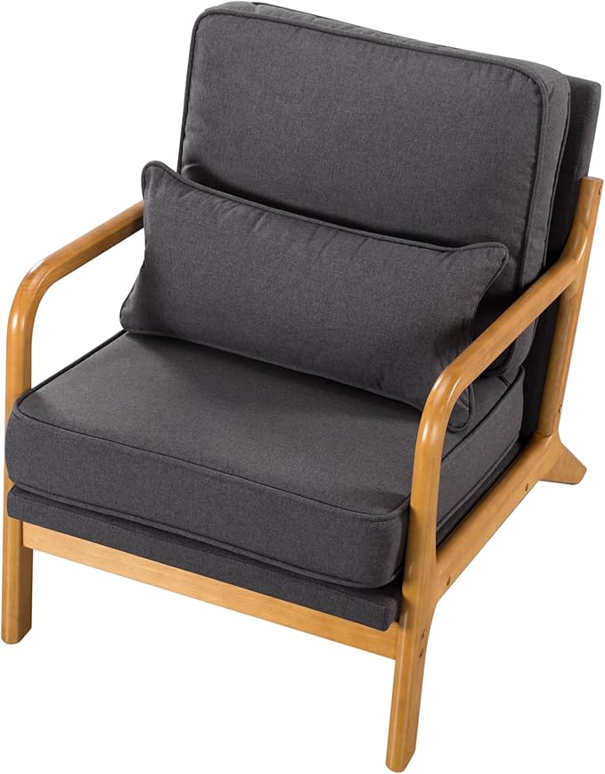 Armchair Upholstered Lounge Chair, Mid-Century Modern Accent Chair with Cushion, Lounge Chair Indoor Reading Chair with Wood Arms, Accent Chair for Living Room, Bedroom Office, Dark Gray