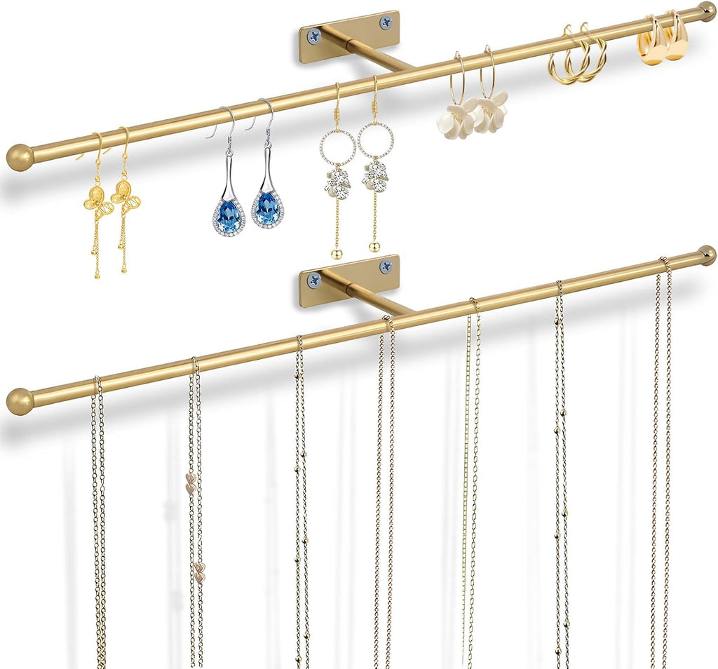 2-Pack Wall Hanging Jewelry Organizer, 14.5" Necklace Holder, Gold | For earrings, rings, bracelets, hairbands, glasses, space saving wall display, screws included